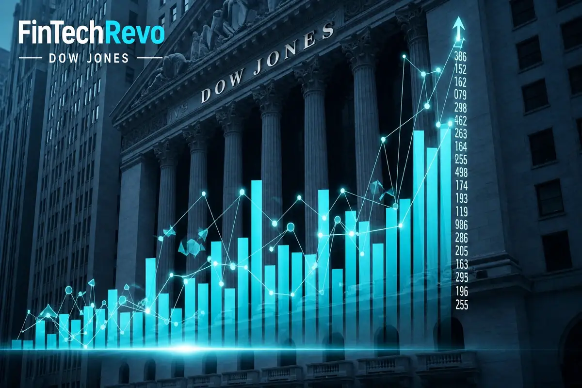 FinTechRevo Dow Jones stock market growth chart with financial analytics overlay on Wall Street building.
