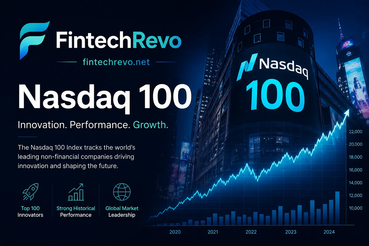 FintechRevo Nasdaq 100 stock market banner with rising financial chart and modern city skyline.
