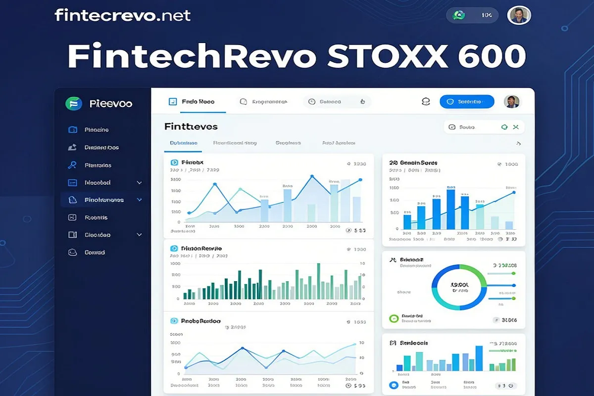 Dashboard-style graphic for “FintechRevo STOXX 600” showing financial charts, analytics panels, and a fintech interface.