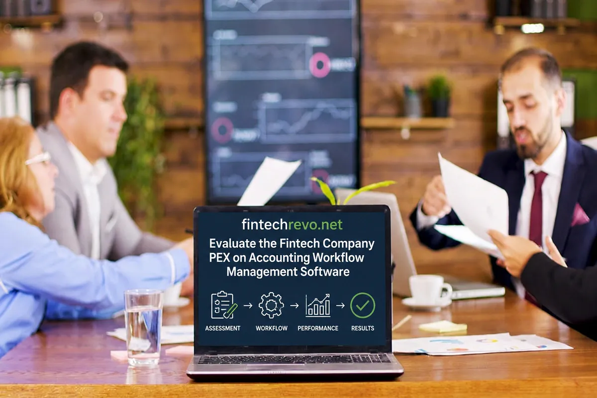 FintechRevo.net laptop presentation evaluating PEX accounting workflow management software during a professional business meeting.
