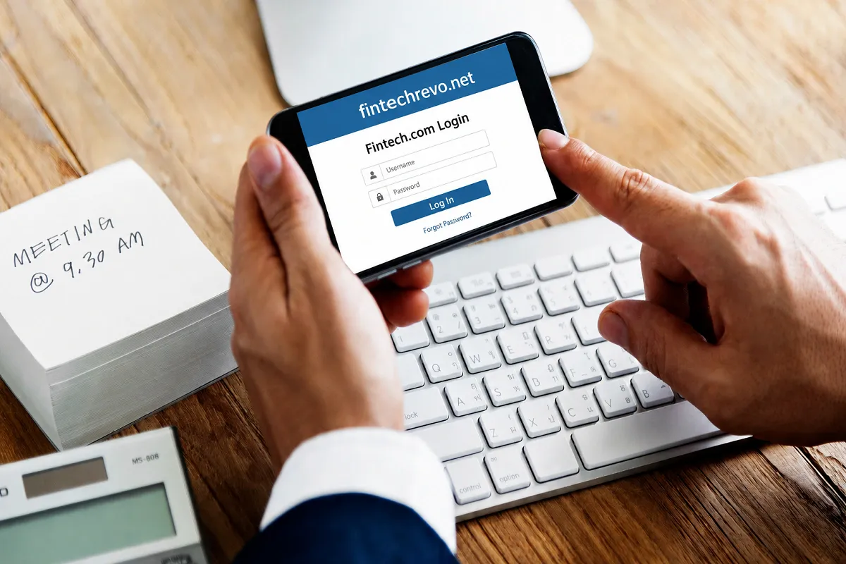 Fintech.com Login page displayed on a smartphone above a keyboard, featuring the fintechrevo.net branding in a professional office workspace.