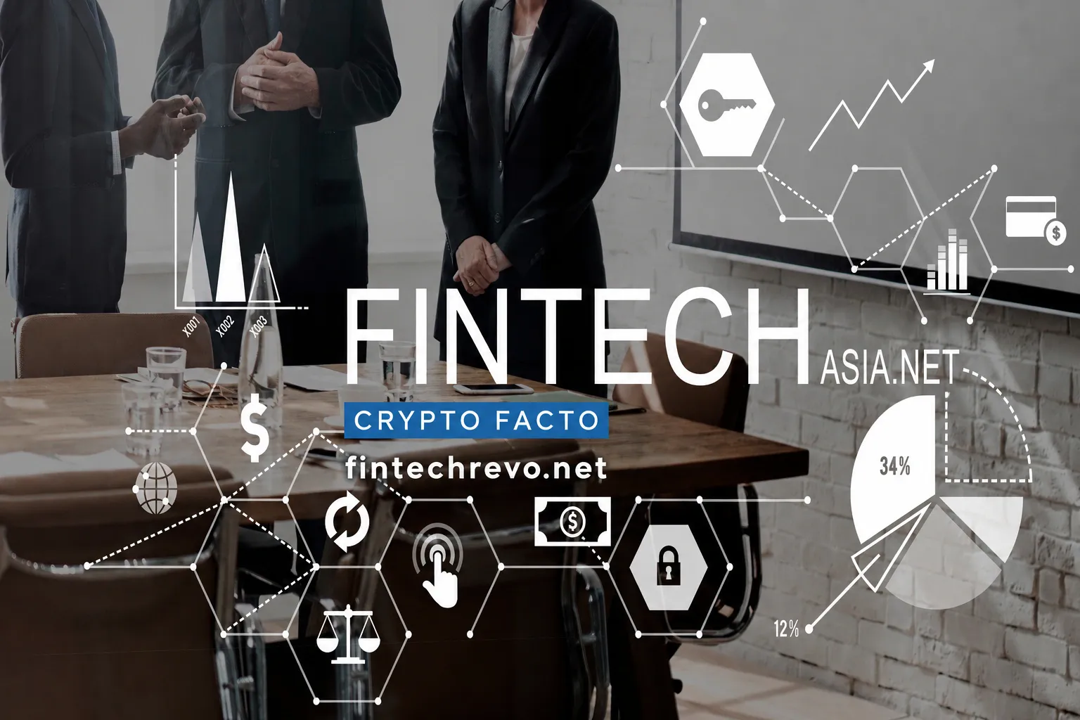 FintechAsia.net Crypto Facto branding on a professional fintech business meeting background with financial technology icons and fintechrevo.net logo.