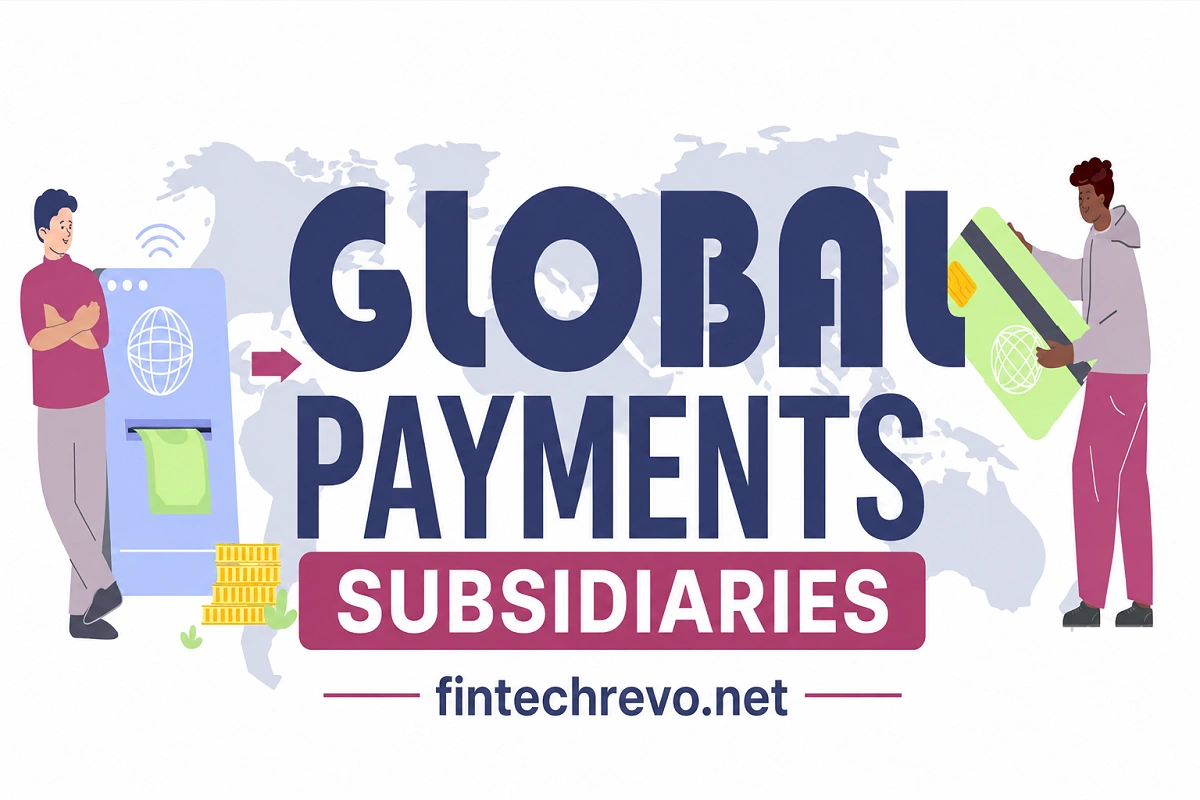 Global Payments Subsidiaries fintech illustration with digital payment terminal, credit card, world map background, and fintechrevo.net branding.
